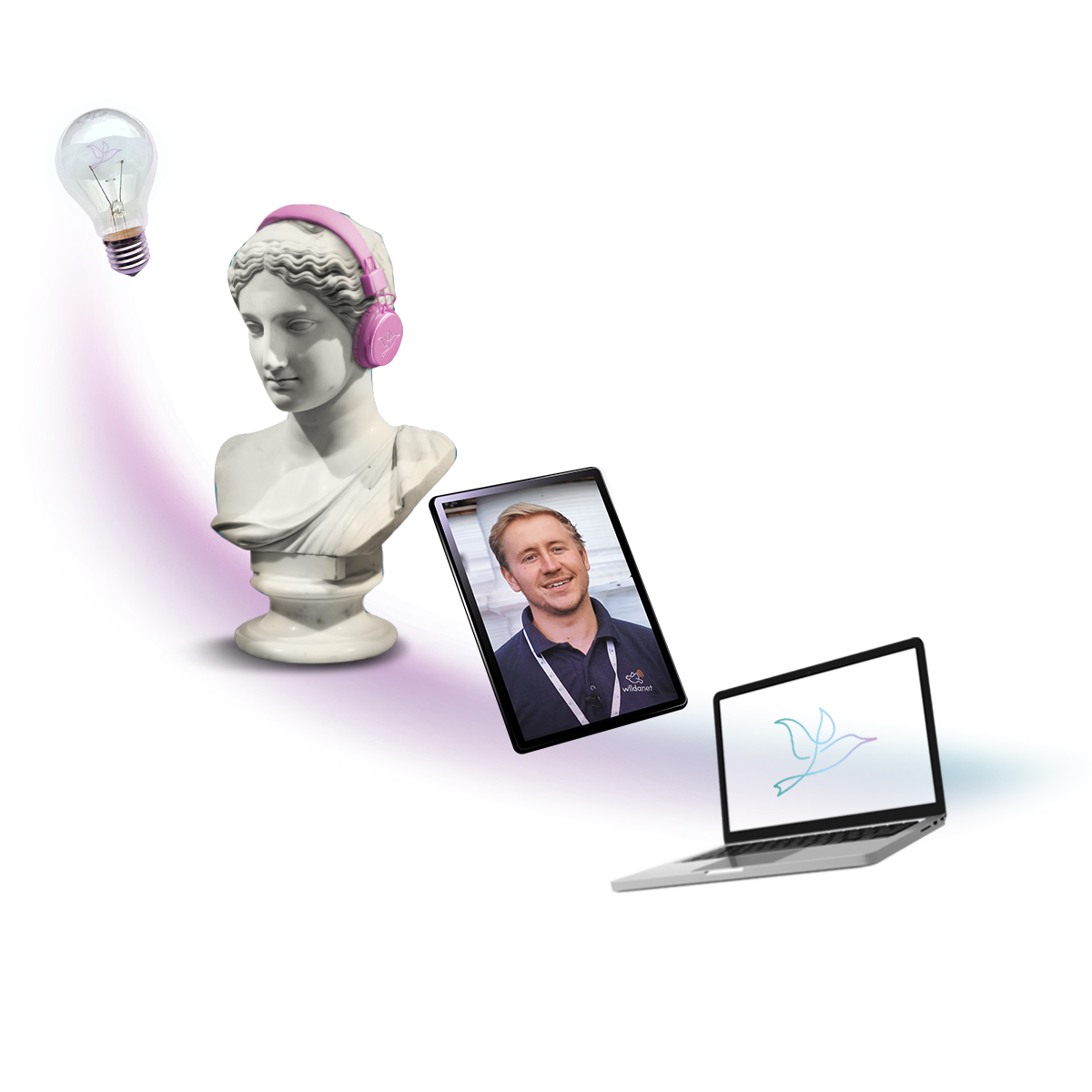 Image of laptop and tablet device by a bust wearing headphones